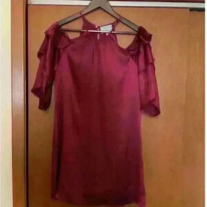 Skies Are Blue Dark Pink Rose Cold Shoulder Satin Halter‎ Neck Dress Size Small